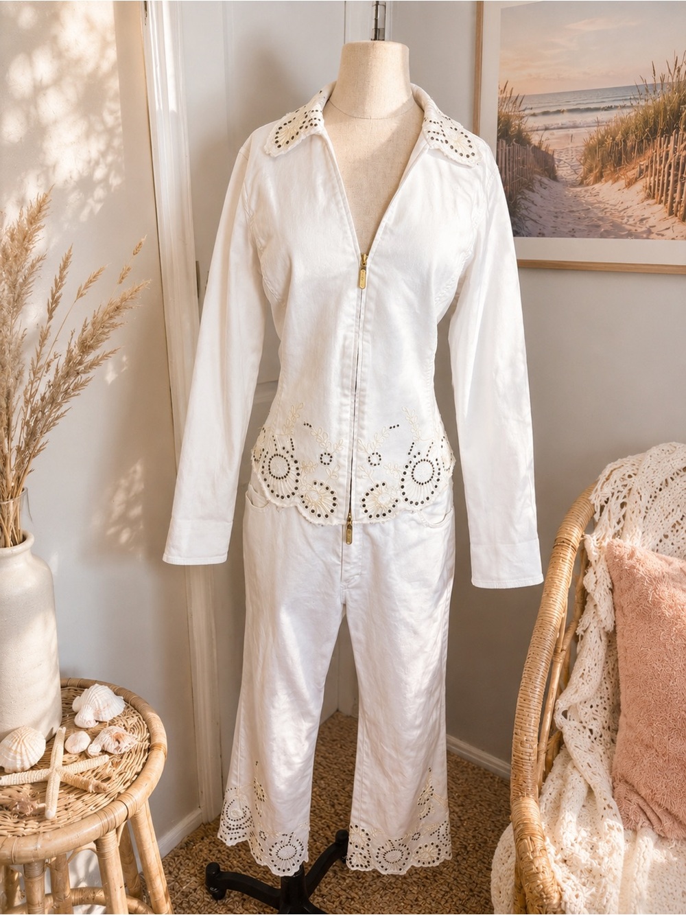 Dana Buchman White Eyelet cotton embroidered pants and jacket
